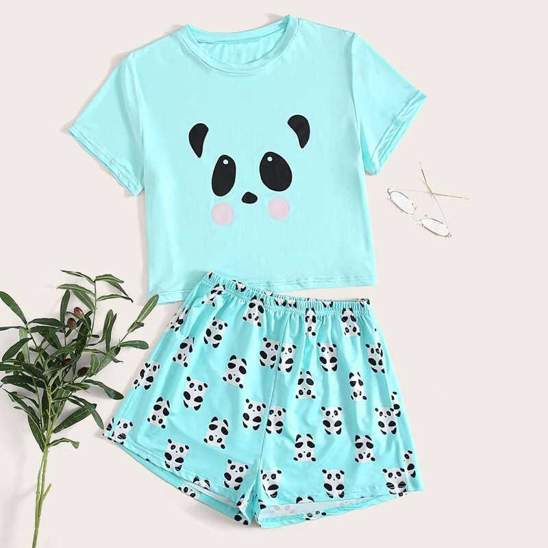 

Cartoon Panda Graphic PJ Set, Blue