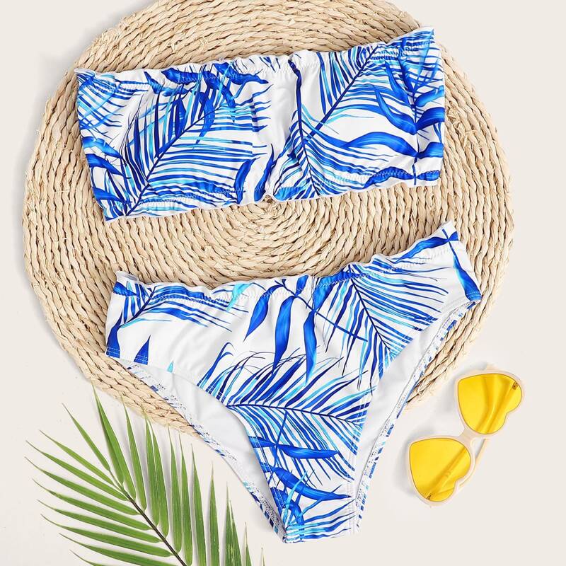 

Tropical Lettuce Trim Bandeau Bikini Swimsuit, Blue