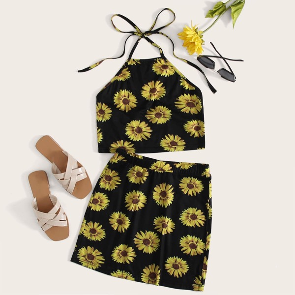 

Sunflower Print Halterneck Top and Skirt Set, Black