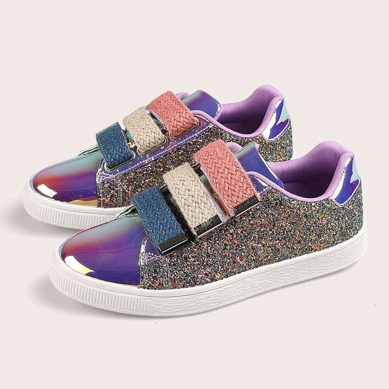 

Glitter Decor Colorblock Velcro Strap Sneakers, Purple