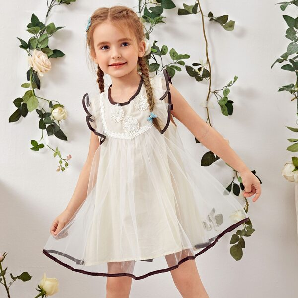 

Toddler Girls Contrast Binding Lace Detail Mesh Dress, White
