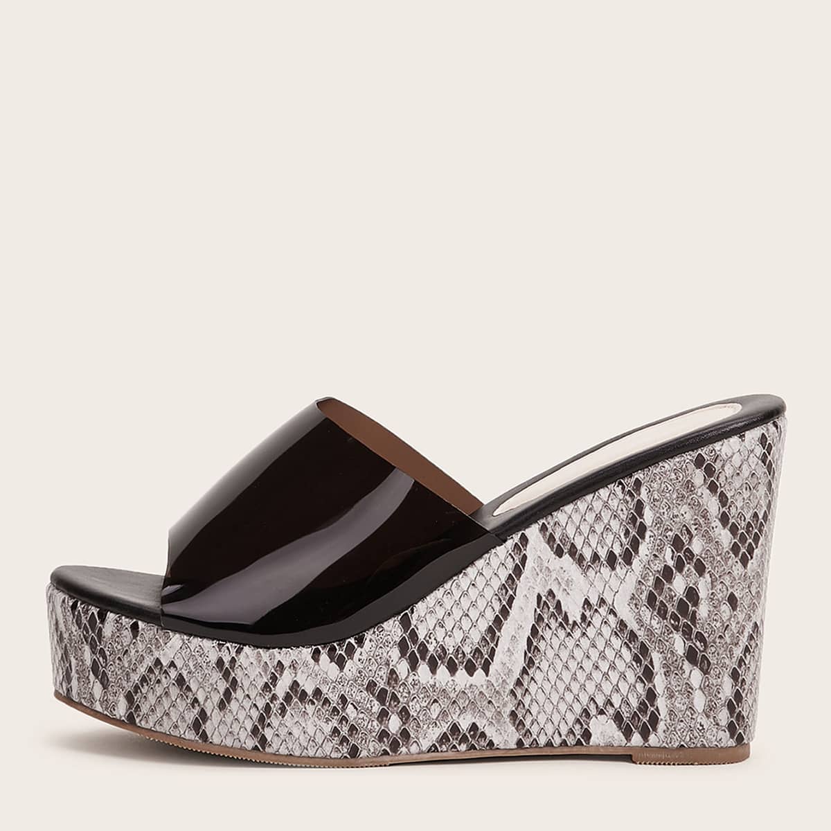 

Snakeskin Print Wedge Mules, Black