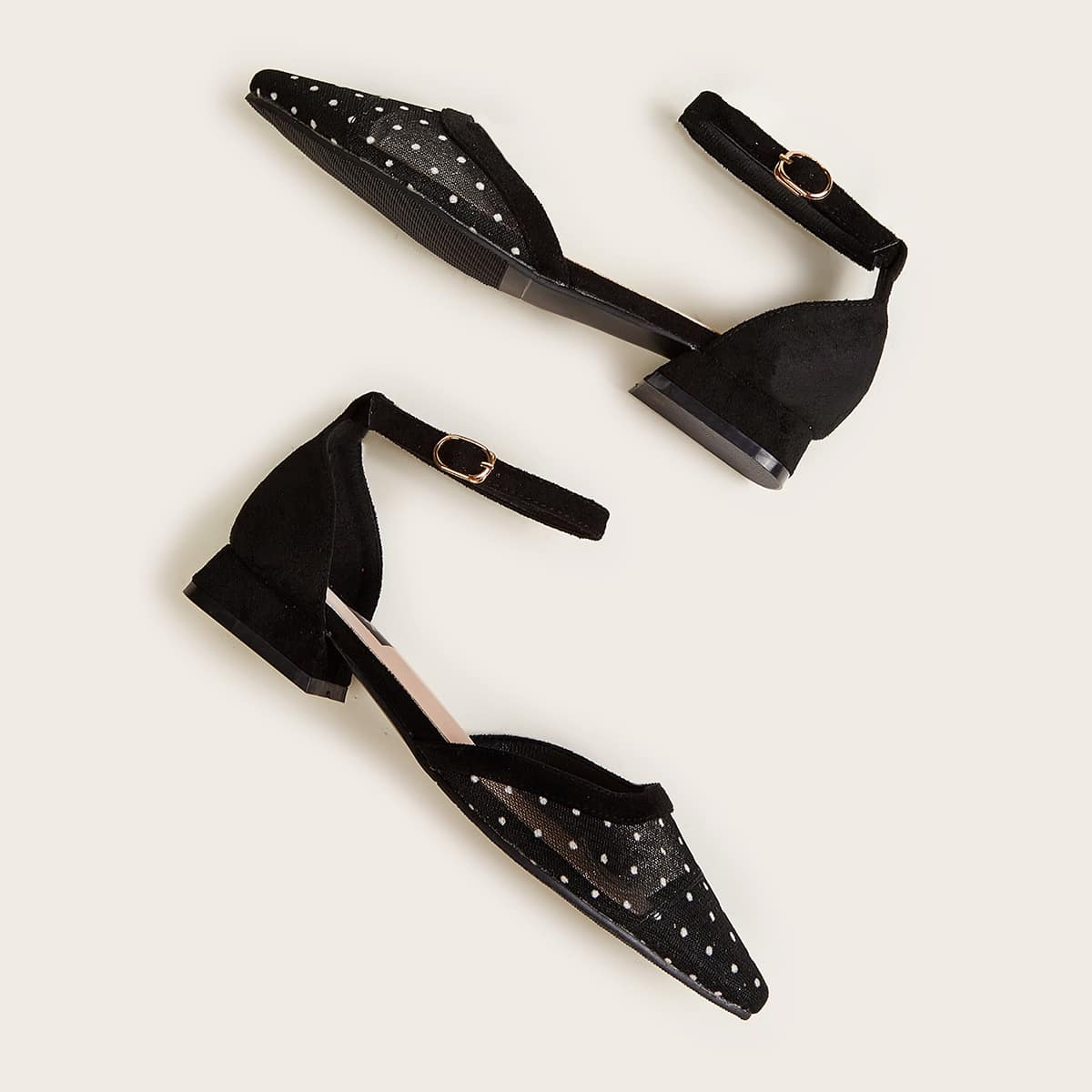 

Polka Dot Mesh Ankle Strap Flats, Black