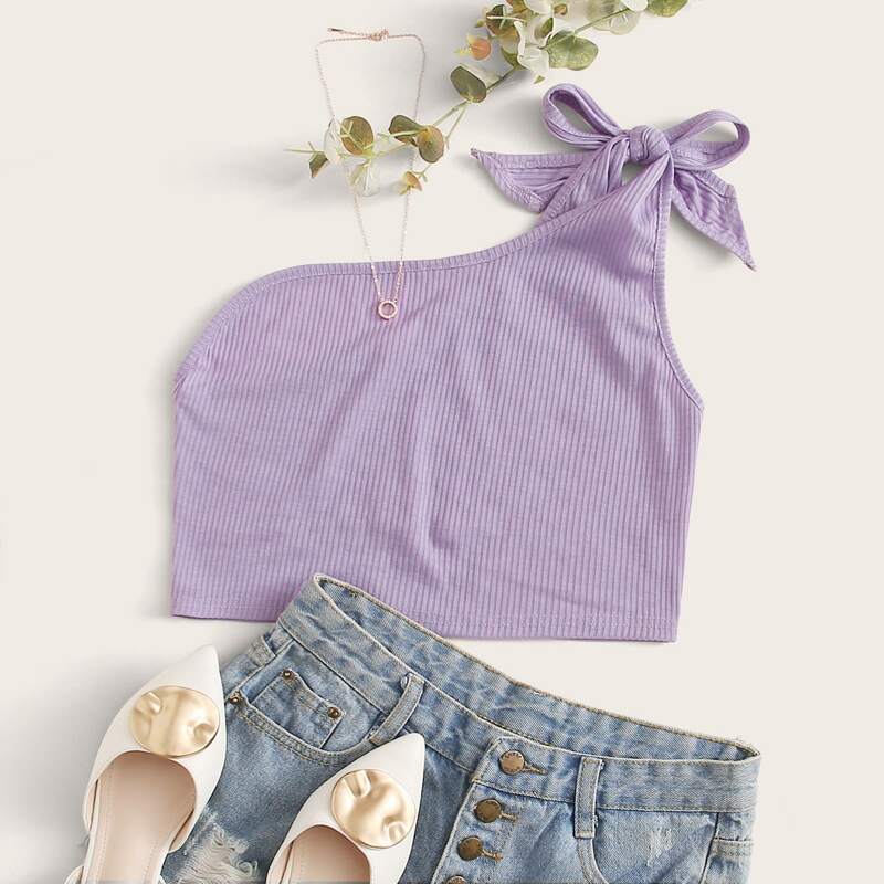 

Knot One Shoulder Top, Purple