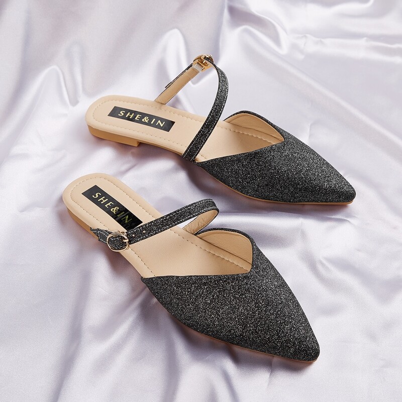 

Point Toe Glitter Mary Jane Flat Mules, Black