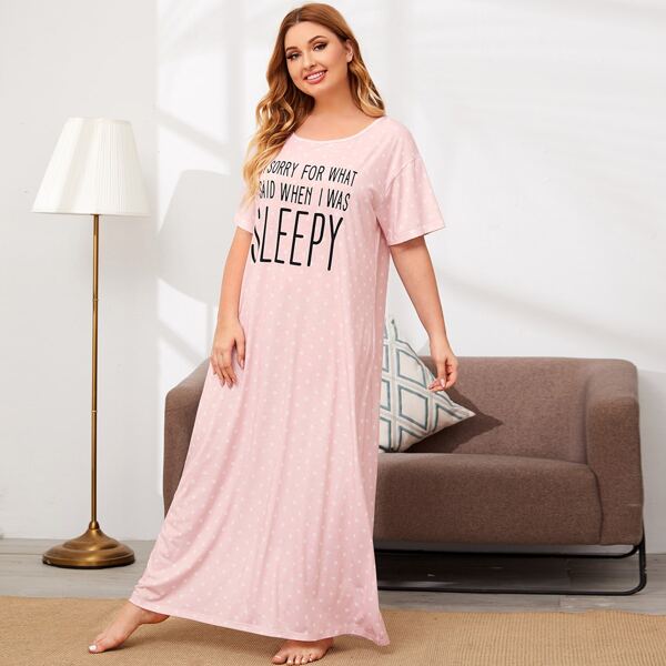 

Plus Polka Dot Slogan Graphic Night Dress, Pink