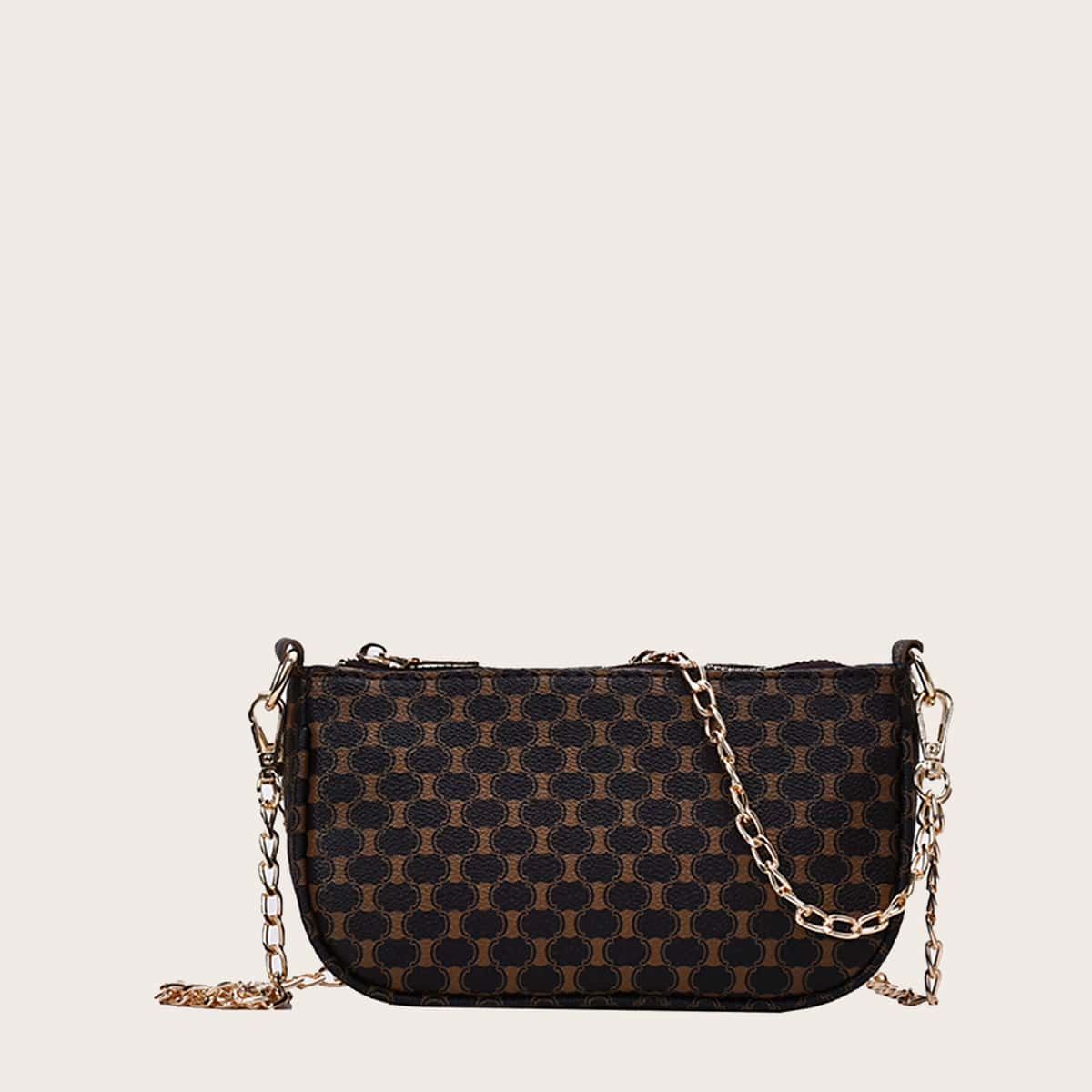 

Geometric Graphic Chain Tote Bag, Brown