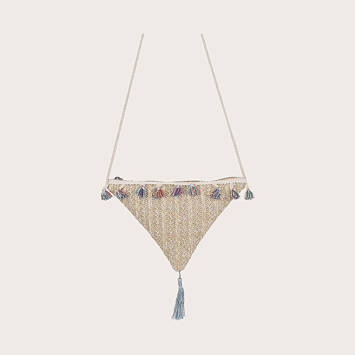 

Tassel Decor Braided Triangle Shaped Crossbody Bag, Beige