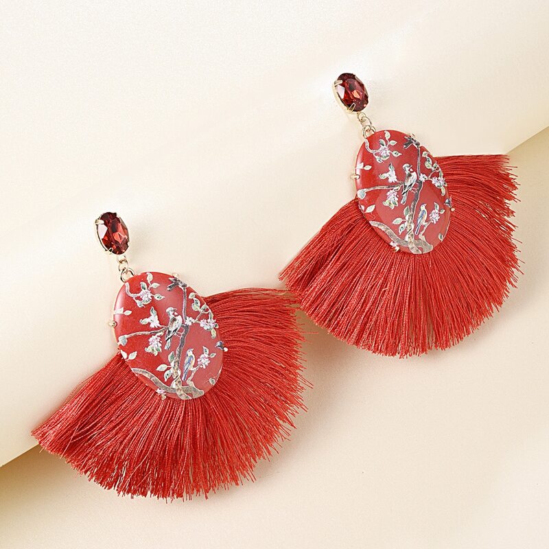 

Tassel Fan Drop Earrings, Red