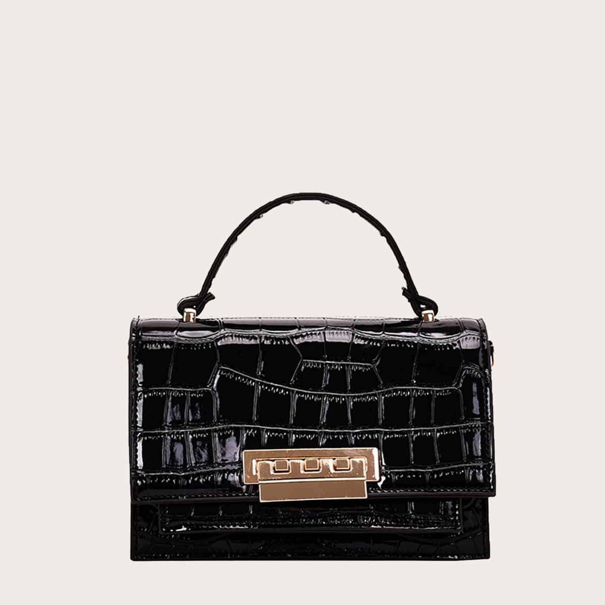 

Croc Embossed Flap Satchel Bag, Black