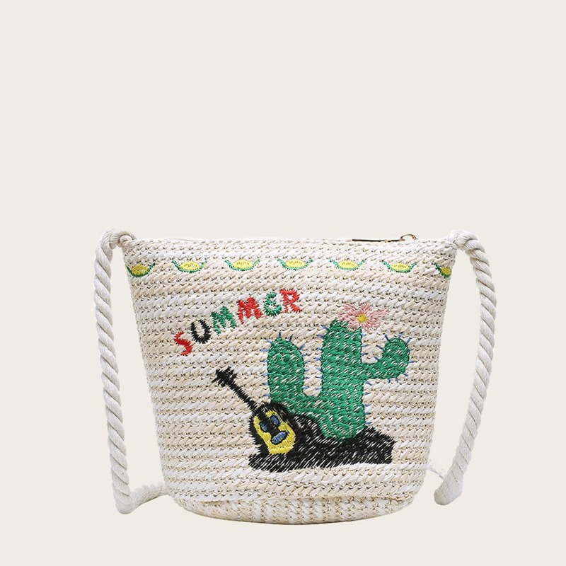 

Cartoon Graphic Braided Tote Bag, White