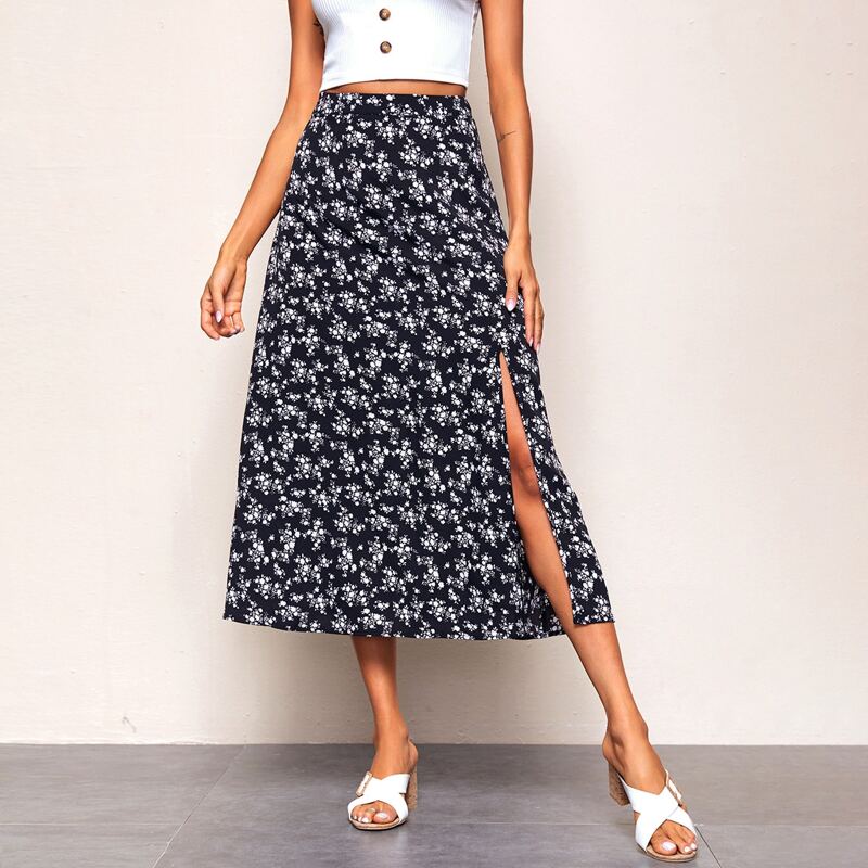 

Split Thigh Ditsy Floral Skirt, Black and white