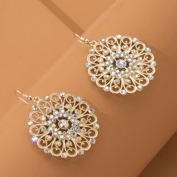 

Rhinestone Flower Pattern Earrings, Gold