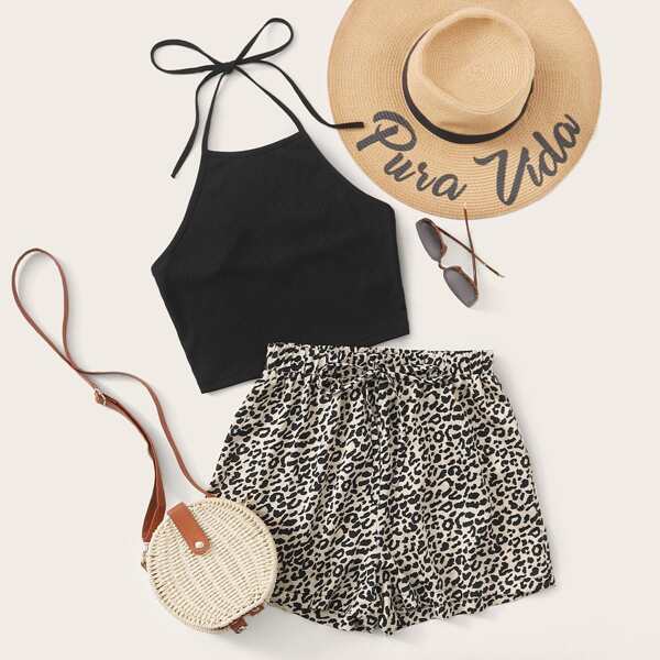 

Tie Back Rib-knit Crop Halter Top & Leopard Shorts Set, Multicolor