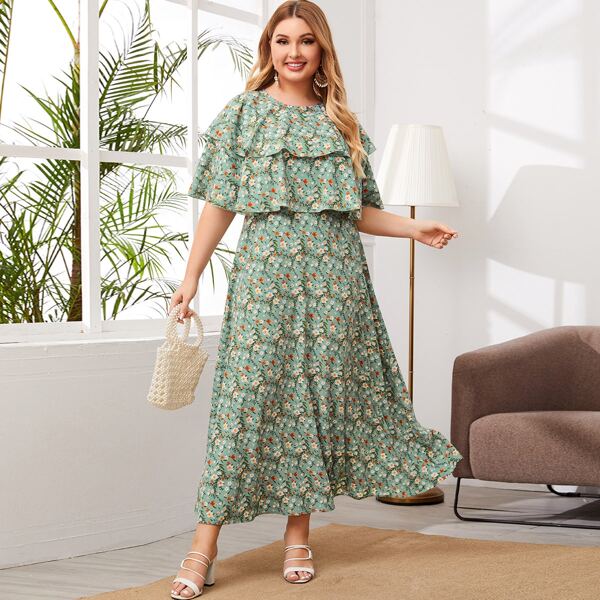

Plus Allover Floral Layered Ruffle Chiffon A-line Dress, Green