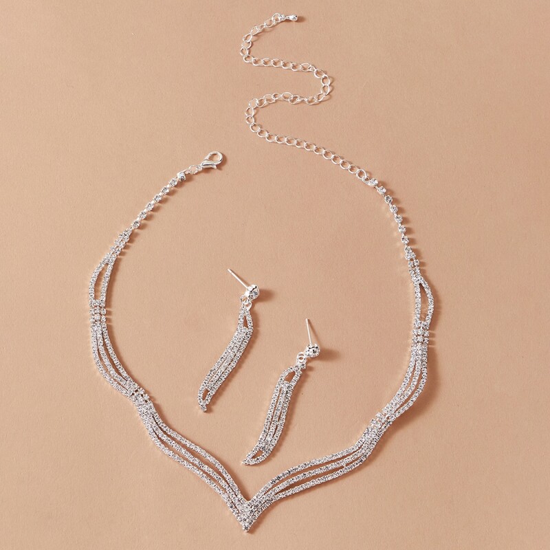 

1pc Rhinestone Decor Necklace & 1pair Drop Earrings, Silver