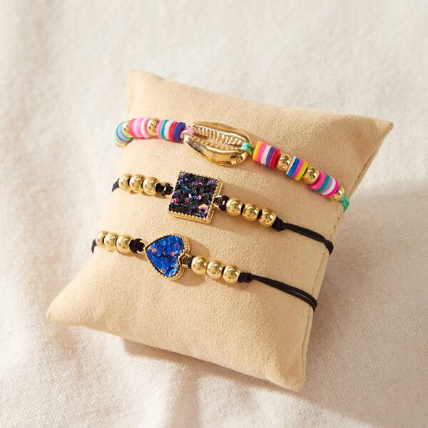 

3pcs Heart & Shell Decor Bracelet, Multicolor