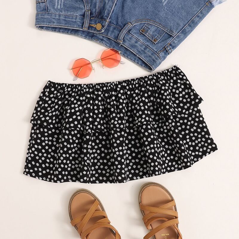 

Ditsy Floral Print Layered Ruffle Tube Top, Black