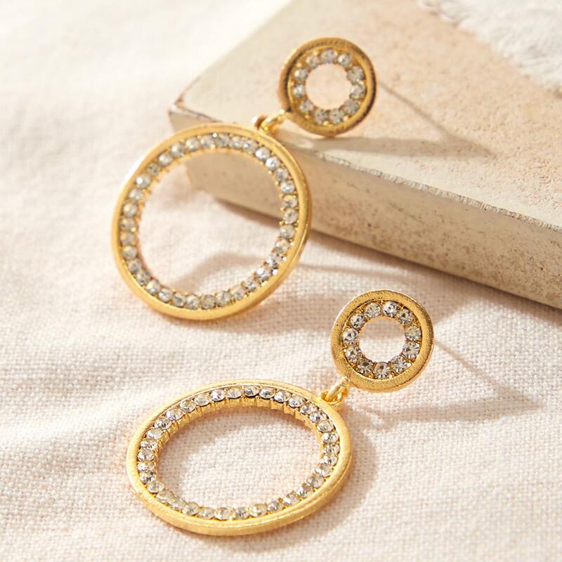 

Rhinestone Engraved Round Drop Earrings, Gold