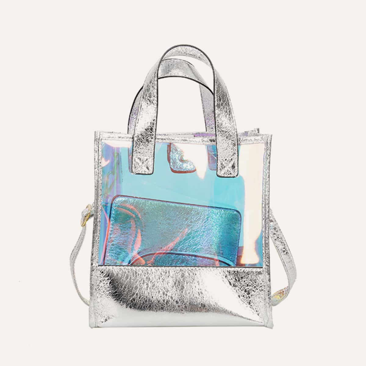 

Metallic Clear Satchel Bag, Silver