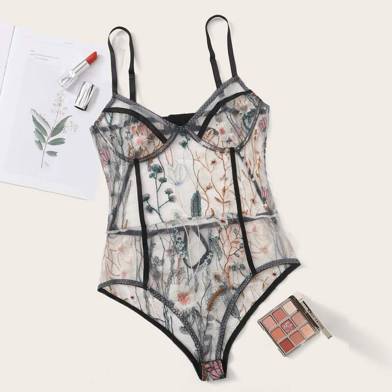 

Floral Embroidery Mesh Teddy Bodysuit, Multicolor