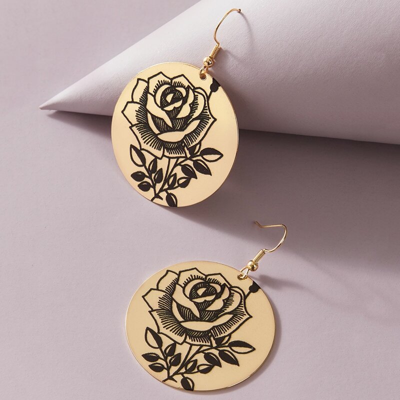 

Rose Pattern Round Drop Earrings, Gold