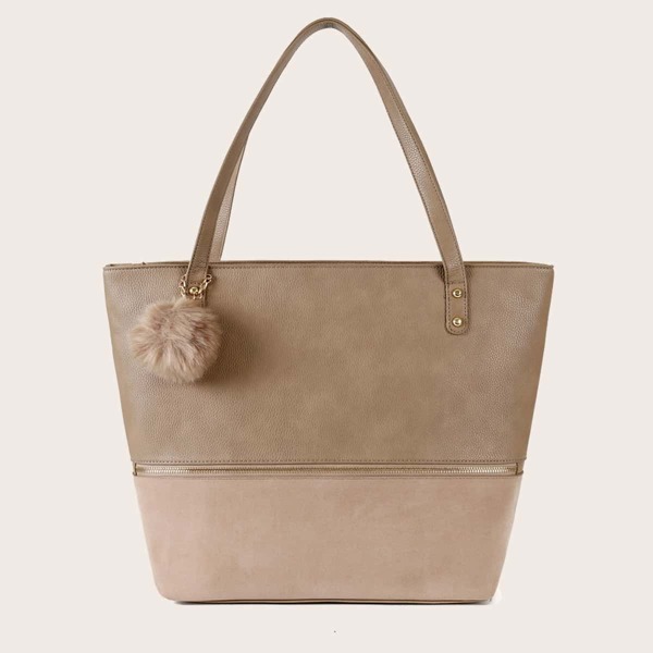 

Pom-pom Decor Colorblock Tote Bag, Khaki