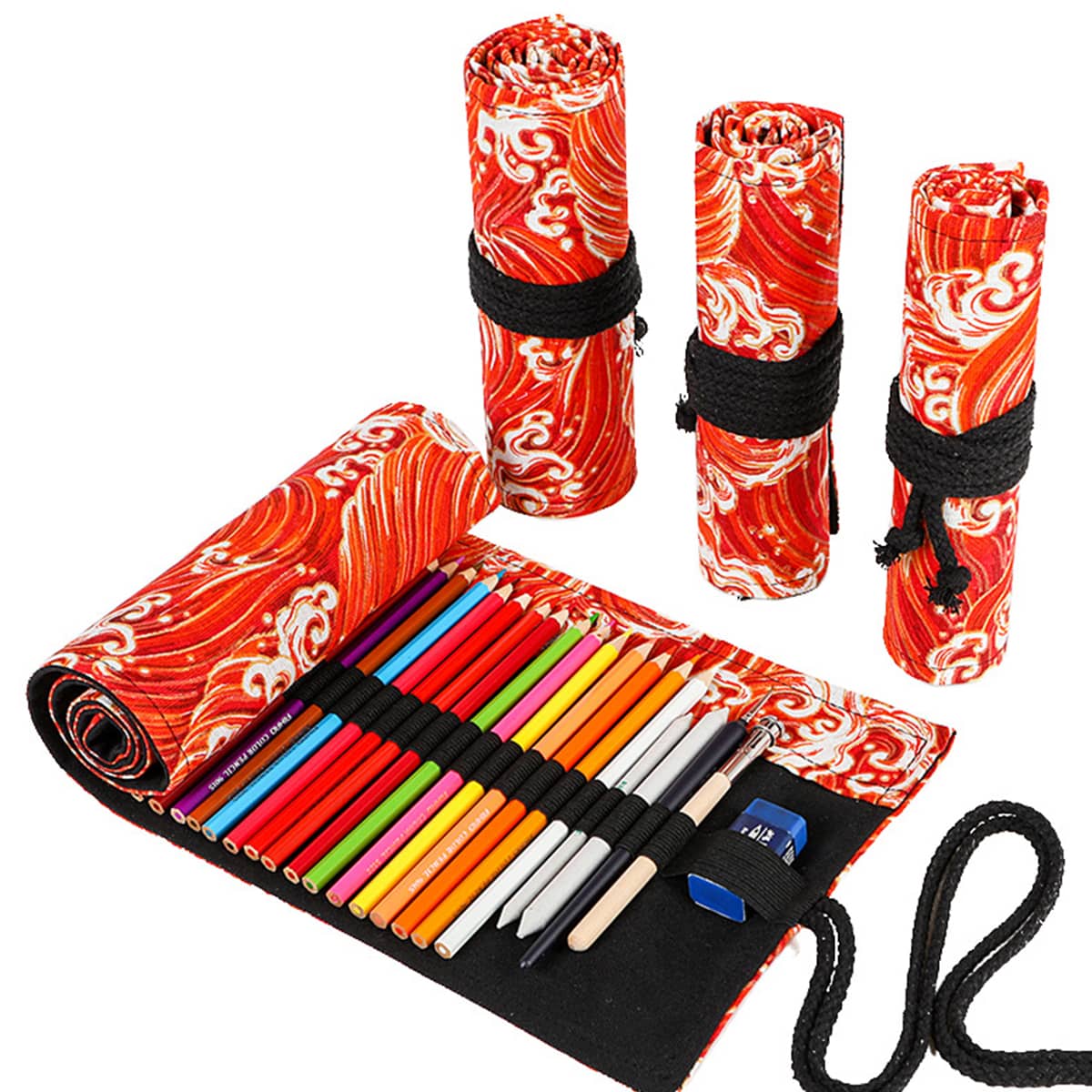 

1pc Ocean Waves Print Roll Pencil Case, Red