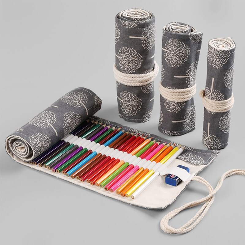 

1pc Tree Print Roll Pencil Case, Grey