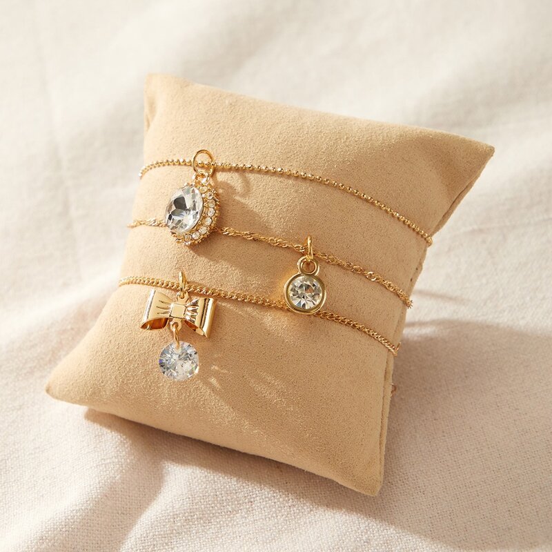 

3pcs Rhinestone Engraved Bow Charm Bracelet, Gold