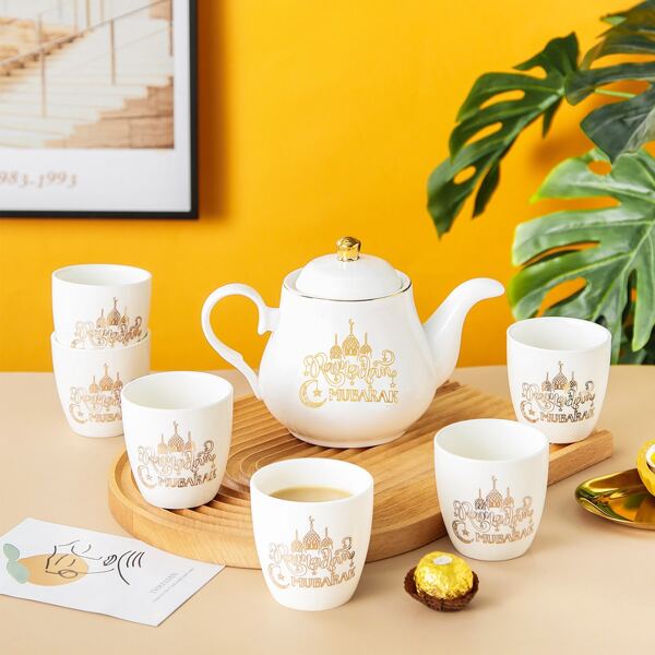 

1pc Hot Stamping Tea Pot & 6pcs Tea Cup, White