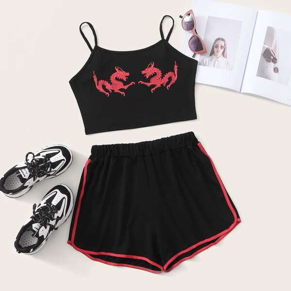 

Dragon Graphic Crop Cami Top & Contrast Binding Shorts, Black