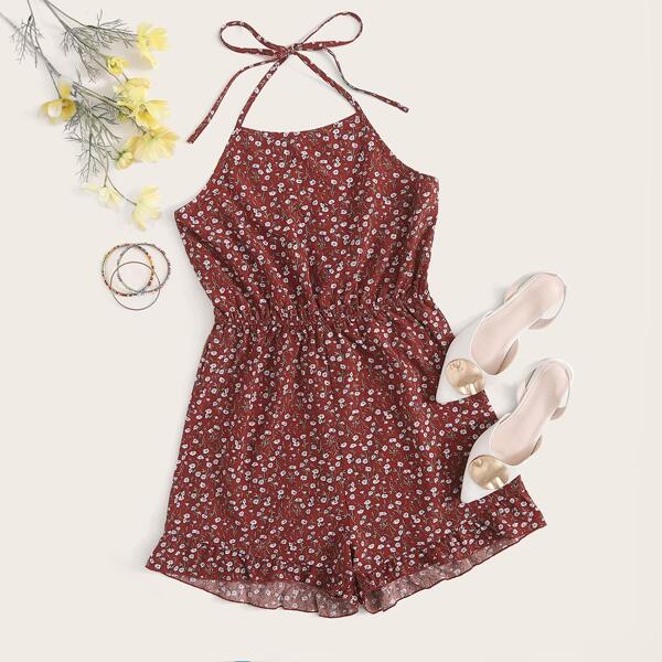

Ditsy Floral Ruffle Hem Halter Romper, Burgundy