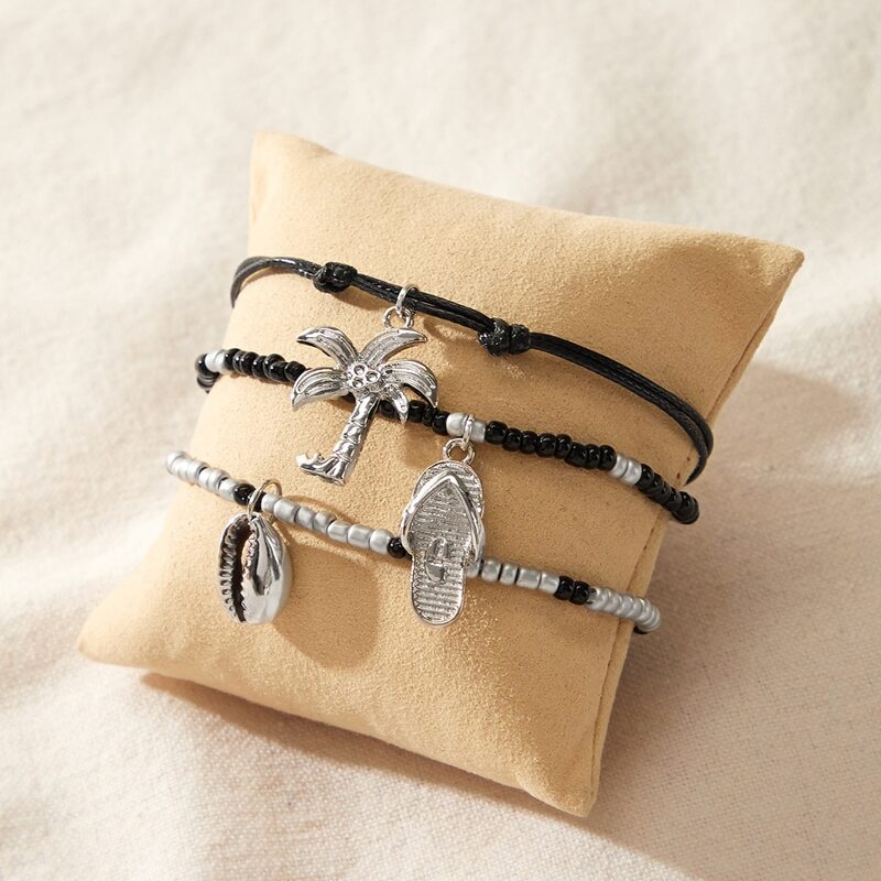 

3pcs Shell & Tree Charm Bracelet, Black