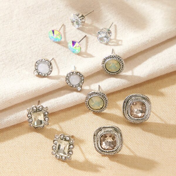 

6pairs Gemstone Engraved Stud Earrings, Silver