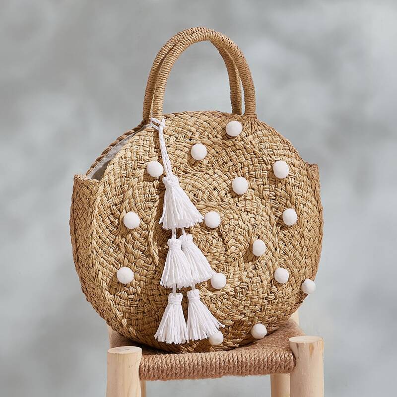 

Braided Pom-pom Decor Tote Bag, Khaki