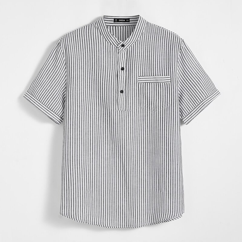 

Guys Stand Collar Pocket Patched Striped Shirt, Black and white