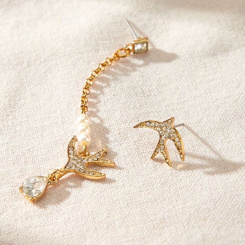 

1pair Asymmetry Rhinestone Engraved Faux Pearl Earrings, Gold