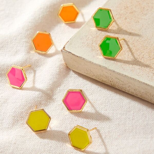 

4pairs Hexagon Shaped Stud Earrings, Multicolor