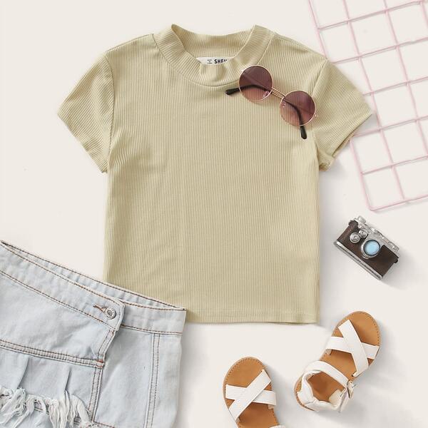 

Girls Cap Sleeve Rib-knit Top, Beige