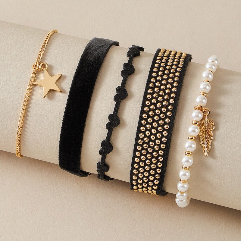 

5pcs Studded & Pearl Decor Star & Leaf Charm Bracelet, Multicolor