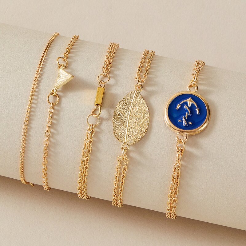 

5pcs Leaf & Geometric Decor Bracelet, Gold