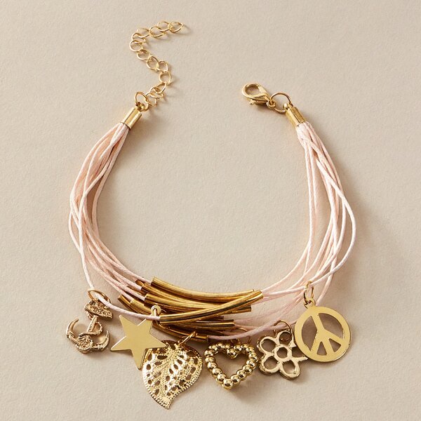 

Многослойный браслет с подвеской полого листа и сердечка 1шт, Розовые