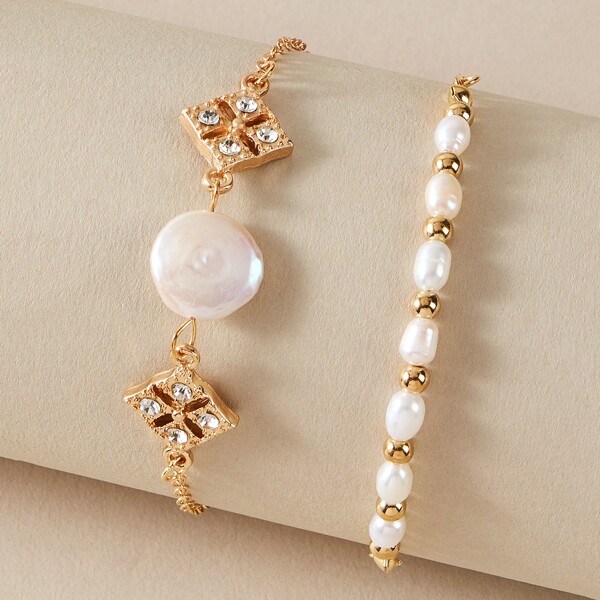 

2pcs Rhinestone Engraved Pearl Decor Geometric Bracelet, Gold