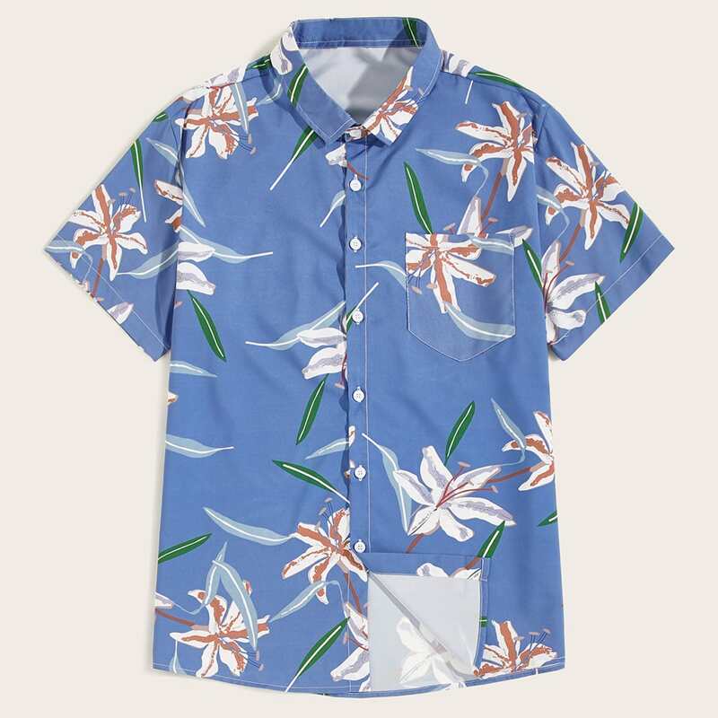 

Guys Floral Print Pocket Detail Shirt, Blue