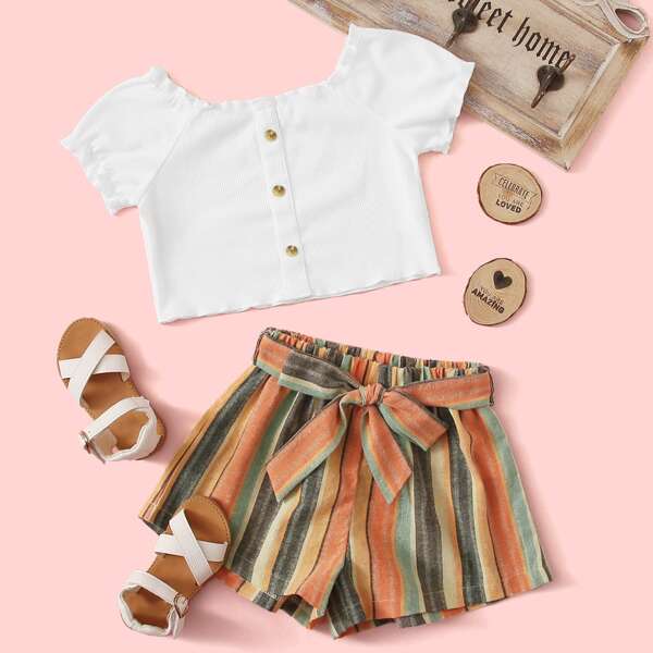 

Toddler Girls Button Front Tee With Stripe Print Belted Shorts, Multicolor
