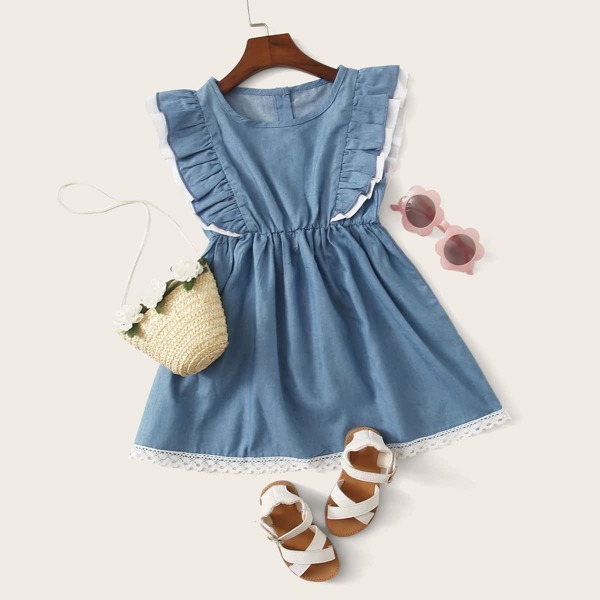 

Toddler Girls Lace Panel Ruffle Trim A-line Dress, Blue