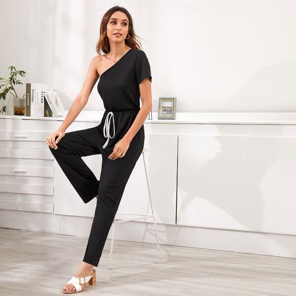 

One Shoulder Tie Front Jumpsuit, Black