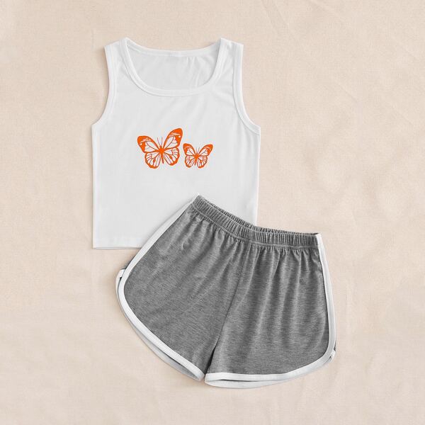 

Girls Butterfly Print Tank Top With Shorts PJ Set, Multicolor