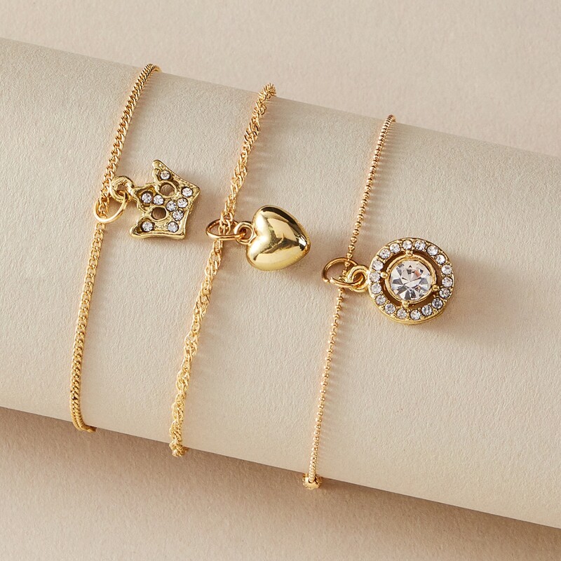 

3pcs Rhinestone Engraved Crown & Heart Charm Bracelet, Gold